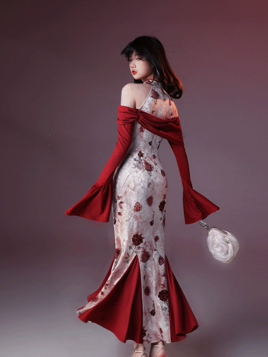 New Chinese Style Velvet Silk Cheongsam Qipao Wine Roses