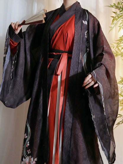 Men'S Hanfu Wei-Jin Style Black Red Long Sleeve Shirt