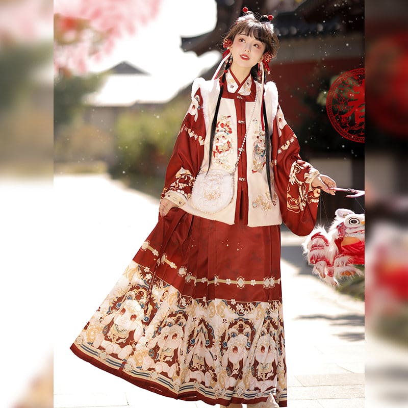 Chinese New Year Hanfu Women's Ming Dynasty Square Neck Embroidered Bijia Horse Face Skirt Winter Plush Dress