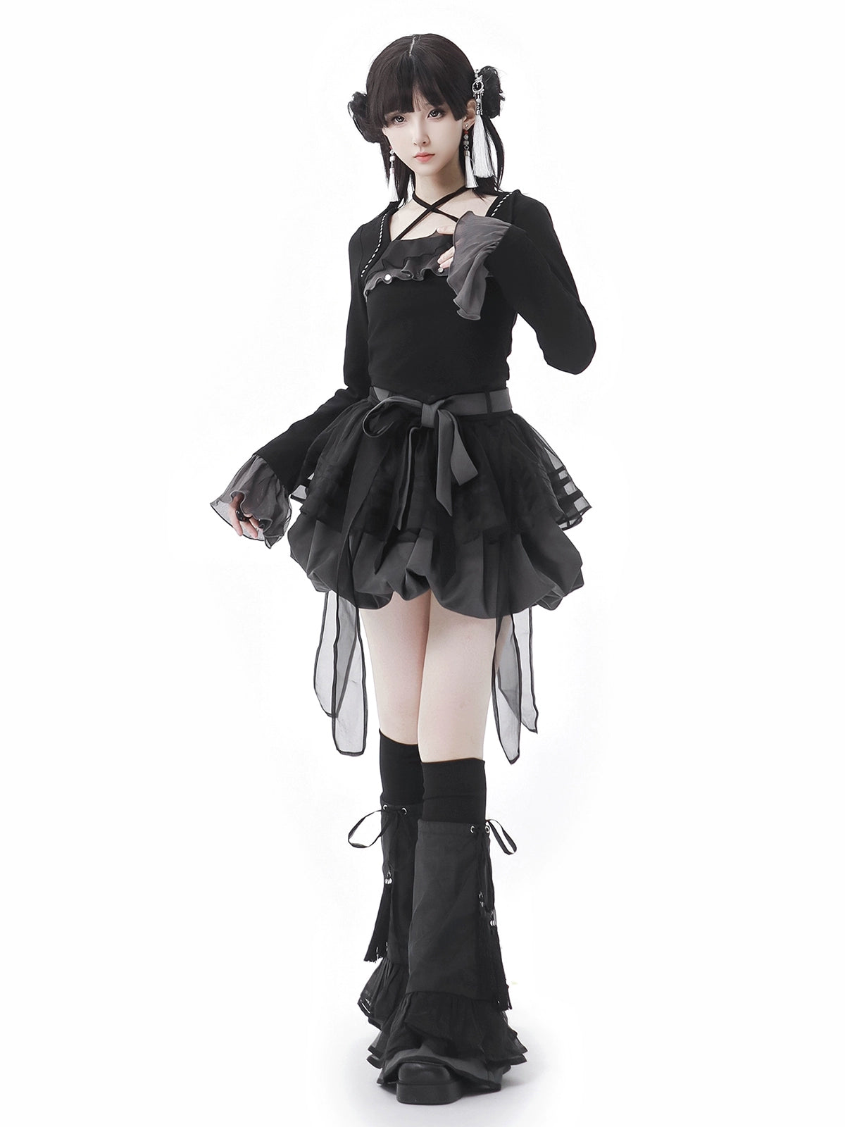 New Chinese Style Mix Slim Skirt Black Salt Suit