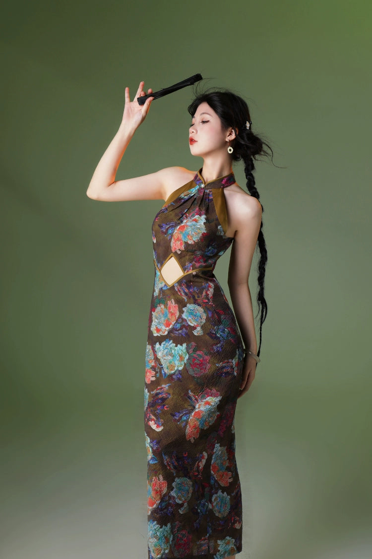 New Chinese Style Velvet Silk Cheongsam Qipao Flowers City