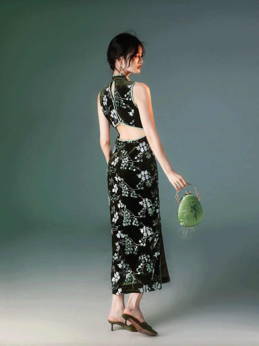 New Chinese Style Velvet Silk Cheongsam Qipao Stacked Pine