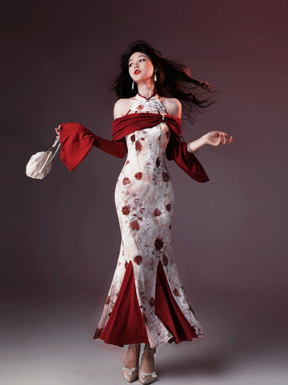 New Chinese Style Velvet Silk Cheongsam Qipao Wine Roses