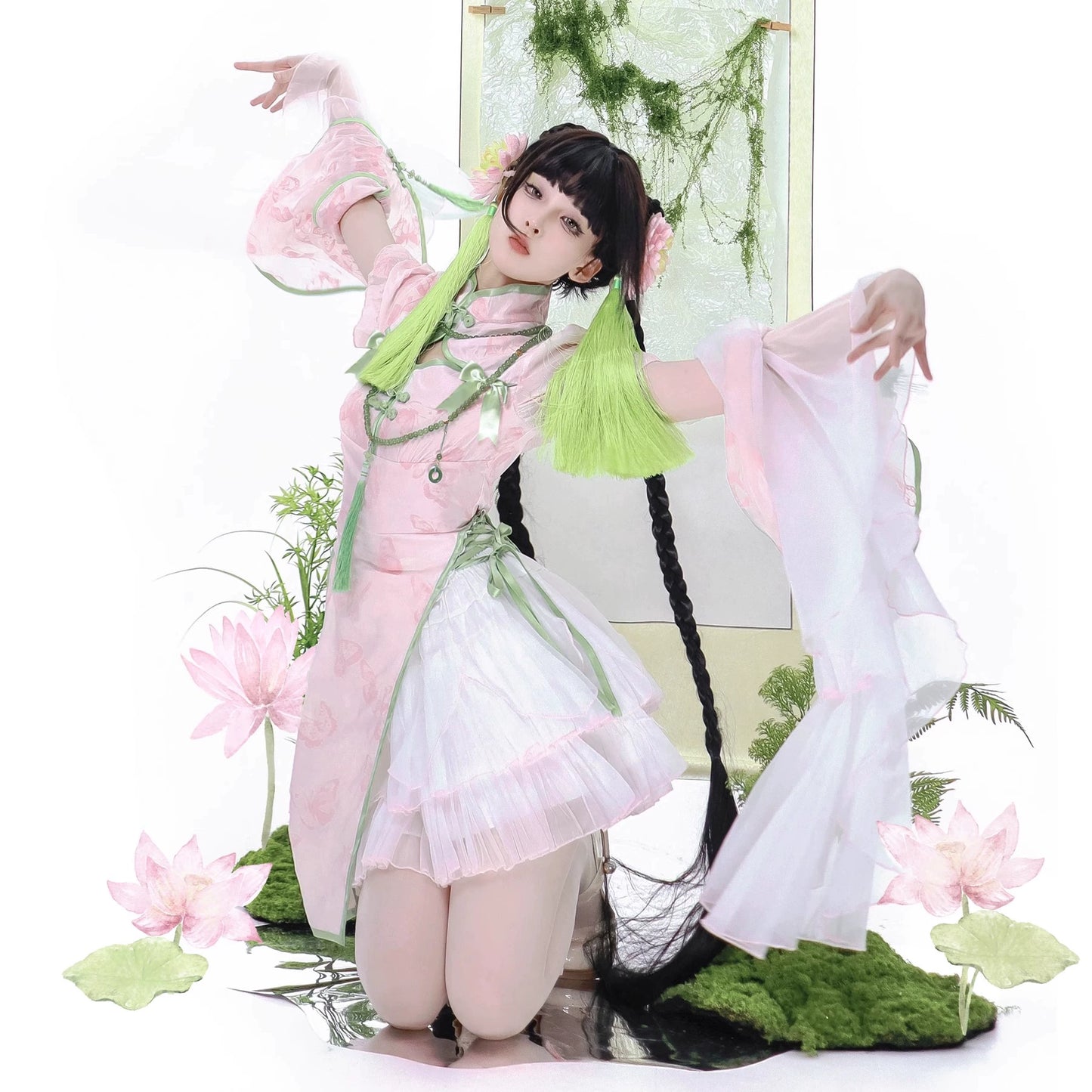 New Chinese Style Lolita Pink Green Qipao