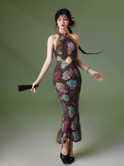 New Chinese Style Velvet Silk Cheongsam Qipao Flowers City