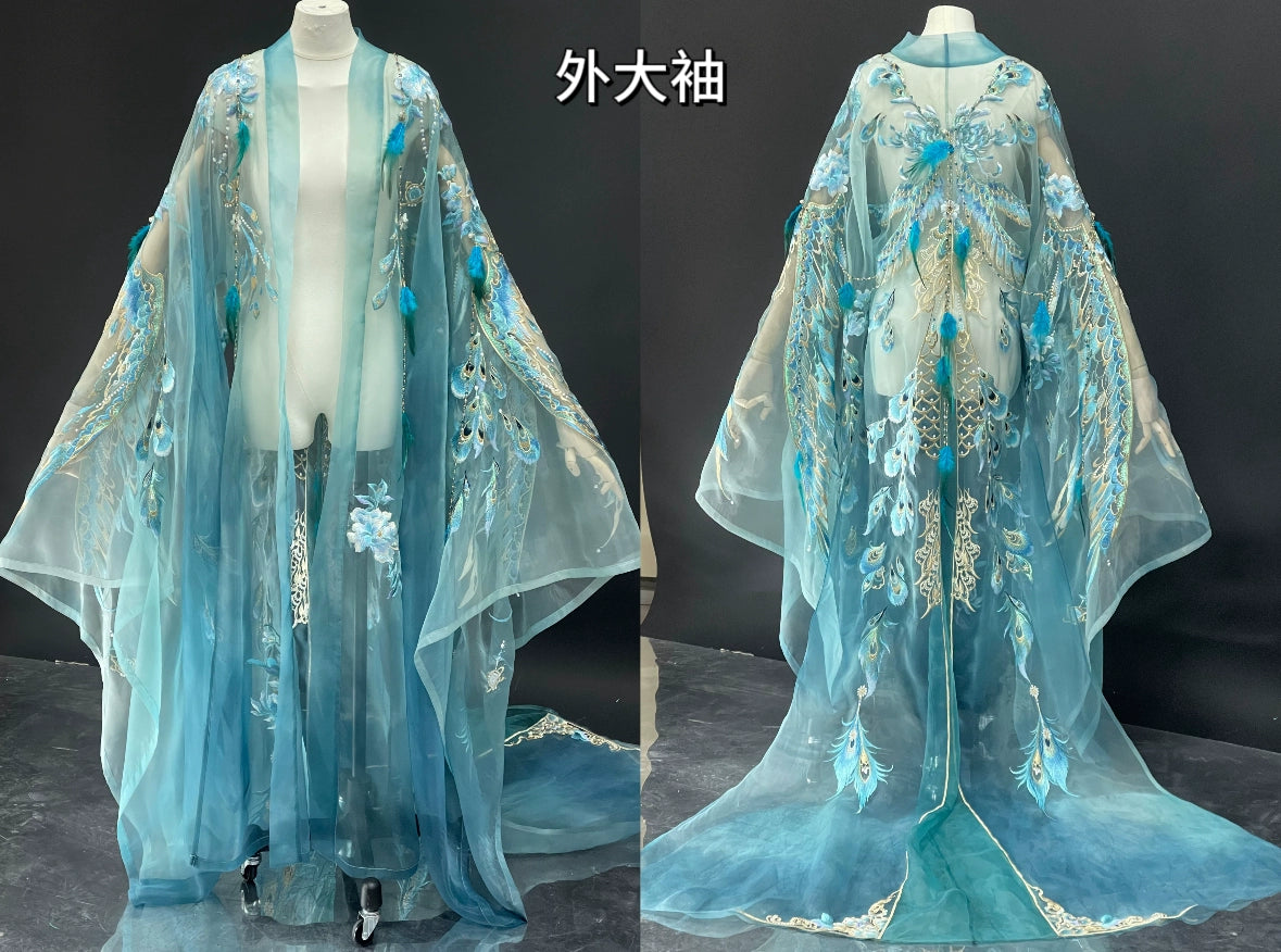 Haute Couture Series Woven Fabric Embroidered Qing Huan Blue Peacock Hanfu