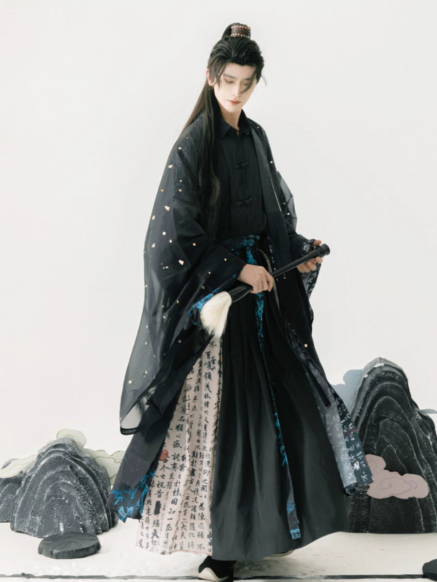 Experience the elegance of the Song Dynasty with our Calligraphy Hanfu Men's Cloak Large Sleeve Shirt Black Suit. Inspired by Chinese calligraphy and cultural aesthetics, each piece embodies timeless sophistication. Elevate your wardrobe with our fusion of classic and contemporary Hanfu styles.