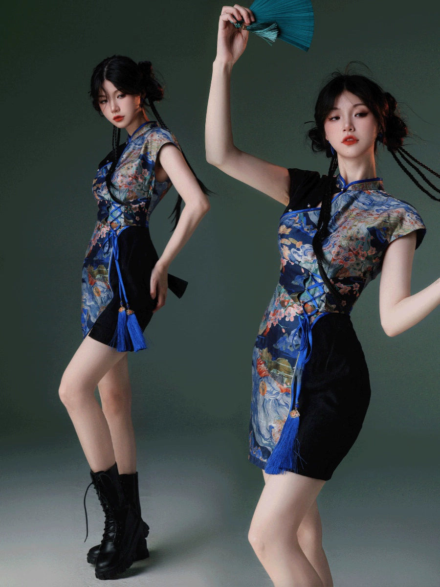 New Chinese Style Velvet Silk Cheongsam Qipao Rising Tide