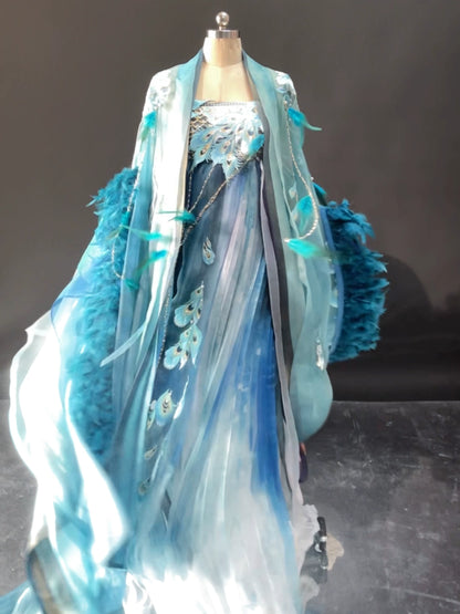 Haute Couture Series Woven Fabric Embroidered Qing Huan Blue Peacock Hanfu