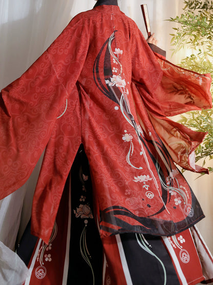 Men'S Hanfu Wei-Jin Style Black Red Long Sleeve Shirt