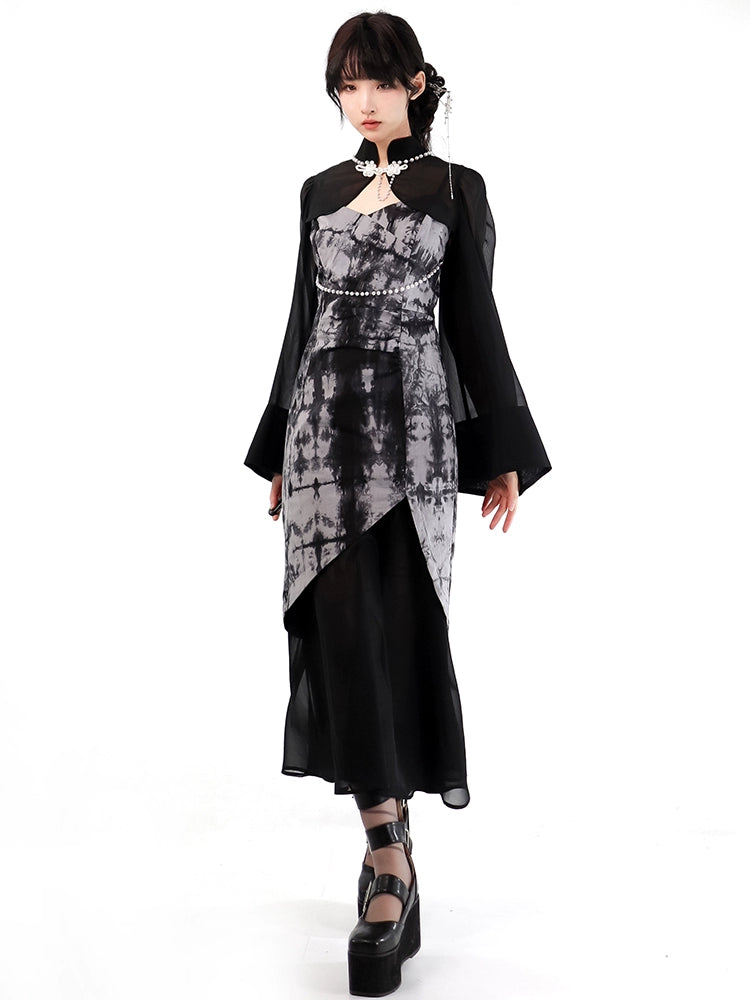 New Chinese Style Mix Slim Skirt Wash Painting Suit