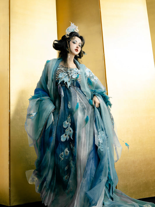 Haute Couture Series Woven Fabric Embroidered Qing Huan Blue Peacock Hanfu