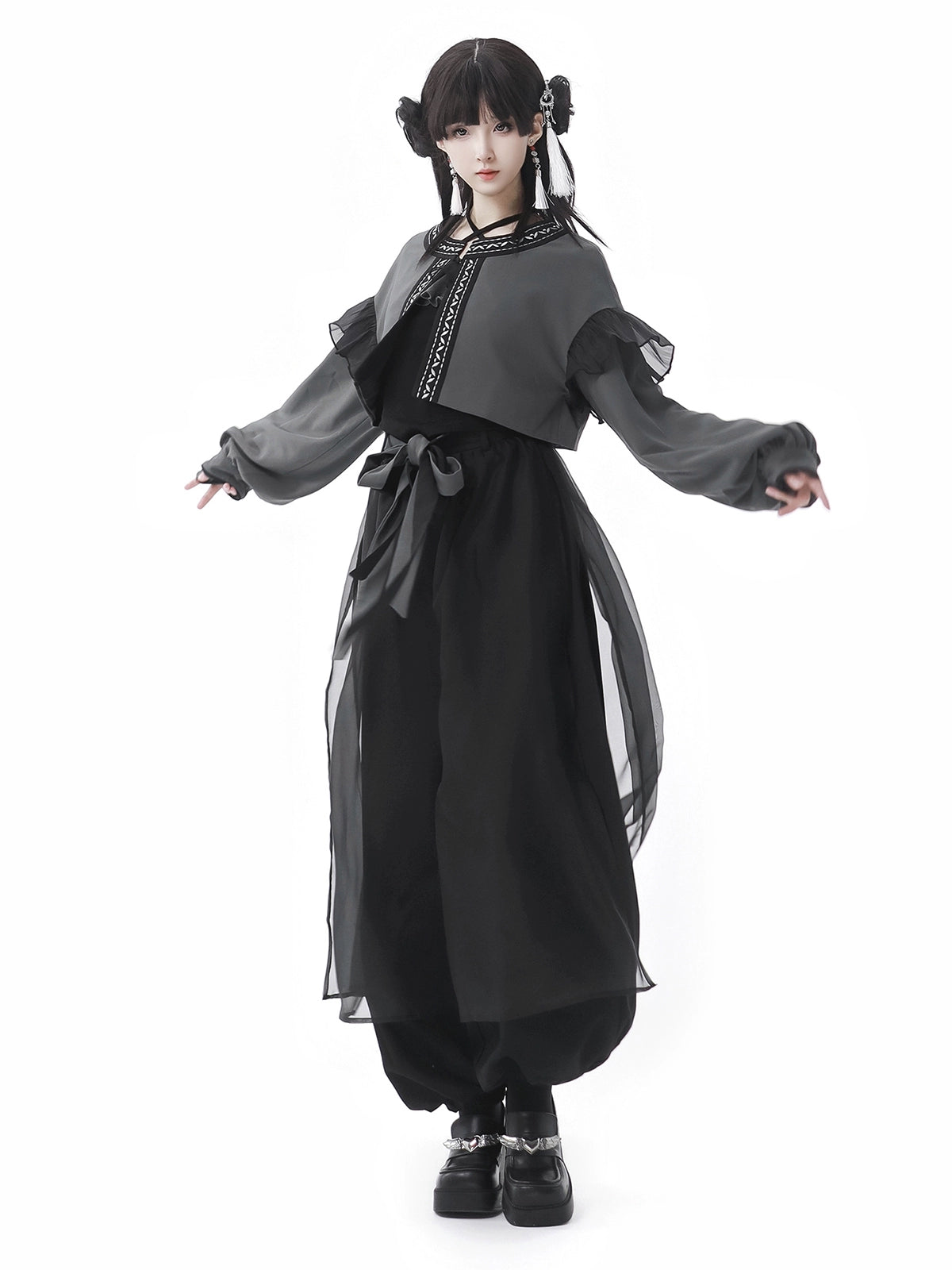 New Chinese Style Mix Slim Skirt Black Salt Suit