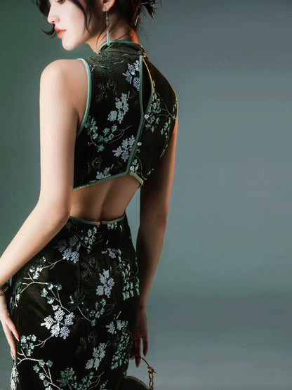 New Chinese Style Velvet Silk Cheongsam Qipao Stacked Pine