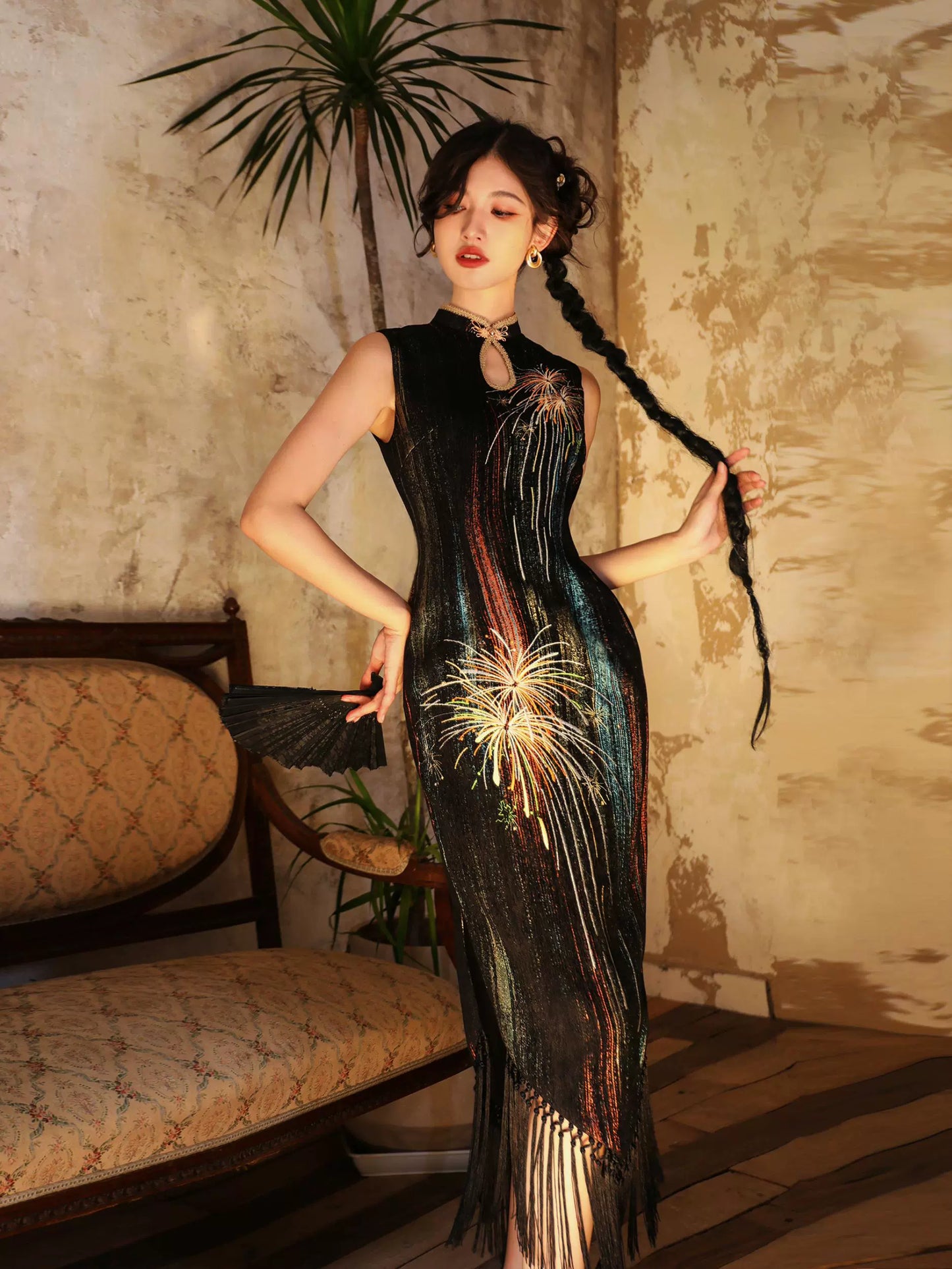 New Chinese Style Velvet Silk Cheongsam Qipao Daytime Fireworks