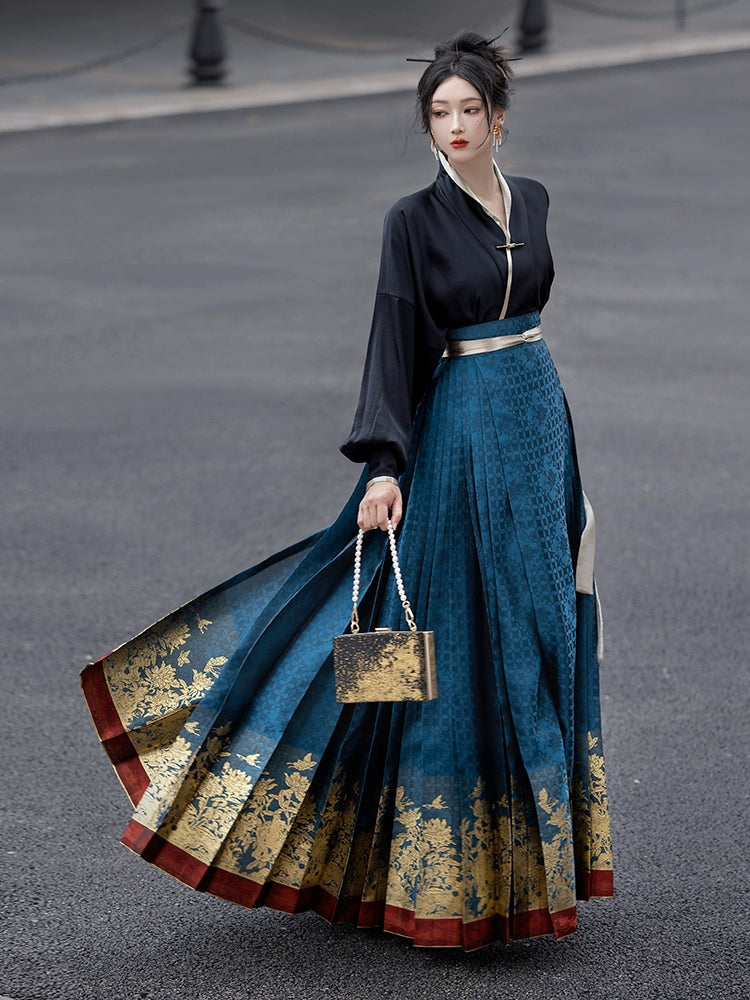 Elevate your style with our Black & Blue Modern Hanfu featuring sexy Hanfu, traditional Hanfu in black, Mulan-inspired Hanfu, elegant Hanfu cloak, and Song Dynasty Hanfu. Choose from a variety of colors including red, white, and black, or opt for the classic Hanfu skirt, the Mamianqun, or the Chinese wrap skirt. Our 6-meter-high daily Hanfu suit includes a slimming fit and a long horse-mamian skirt, perfect for any occasion.