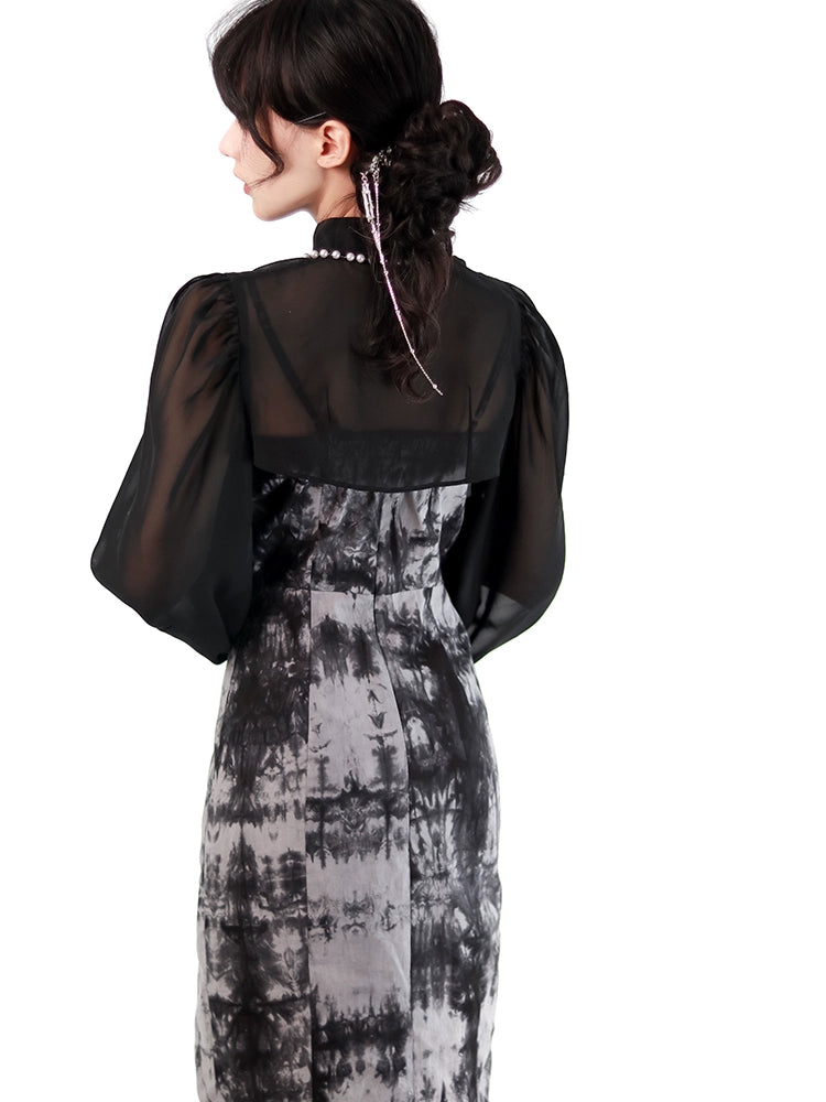 New Chinese Style Mix Slim Skirt Wash Painting Suit