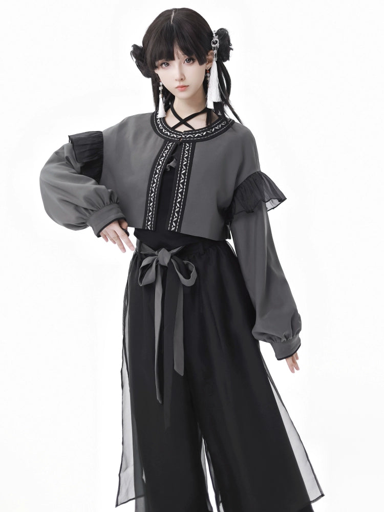 New Chinese Style Mix Slim Skirt Black Salt Suit