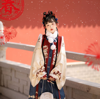 Chinese New Year Hanfu Women's Ming Dynasty Square Neck Embroidered Bijia Horse Face Skirt Winter Plush Dress