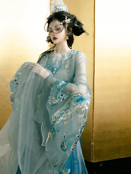 Haute Couture Series Woven Fabric Embroidered Qing Huan Blue Peacock Hanfu Second