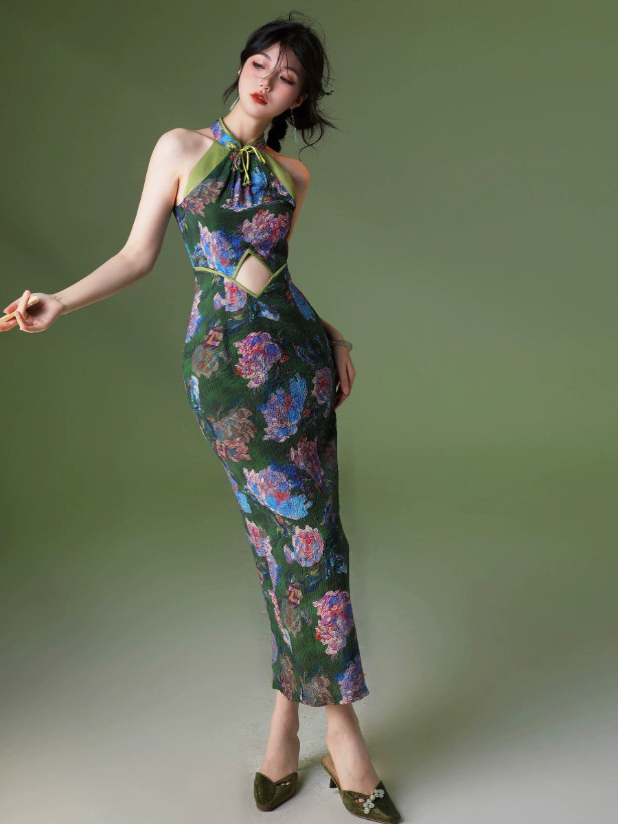 New Chinese Style Velvet Silk Cheongsam Qipao Flowers City