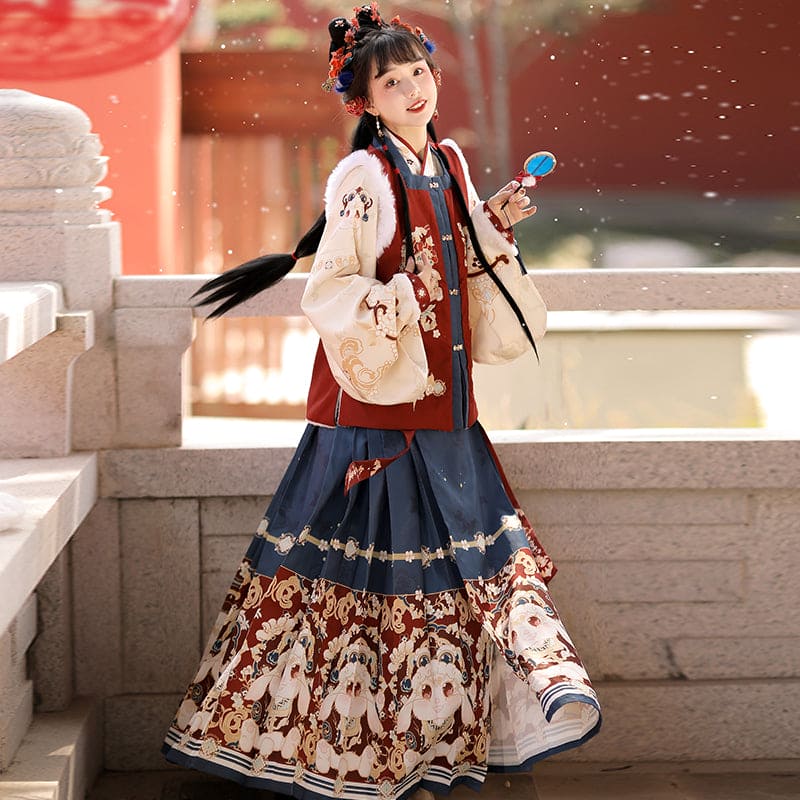 Chinese New Year Hanfu Women's Ming Dynasty Square Neck Embroidered Bijia Horse Face Skirt Winter Plush Dress