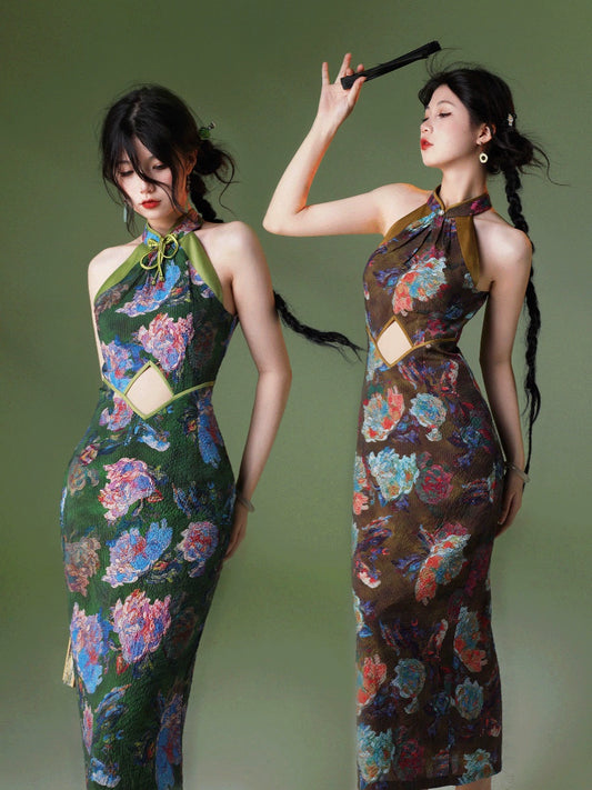 New Chinese Style Velvet Silk Cheongsam Qipao Flowers City