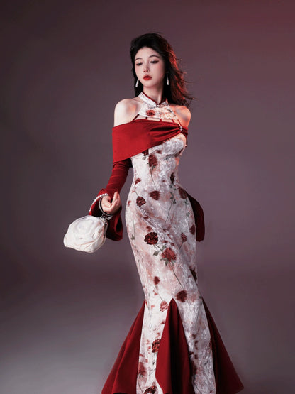 New Chinese Style Velvet Silk Cheongsam Qipao Wine Roses