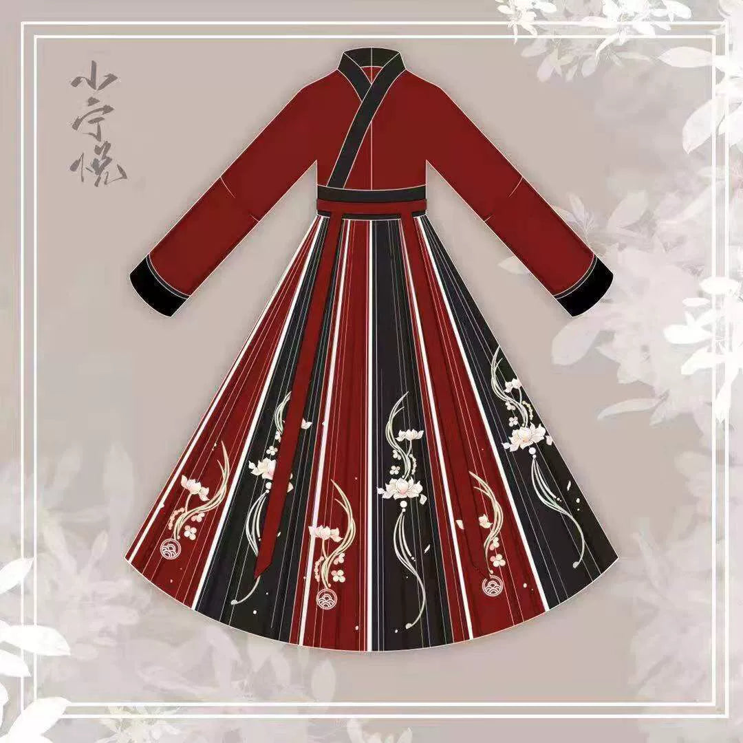 Men'S Hanfu Wei-Jin Style Black Red Long Sleeve Shirt