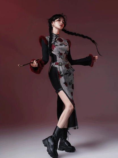 New Chinese Style Velvet Silk Cheongsam Qipao Roses Guns