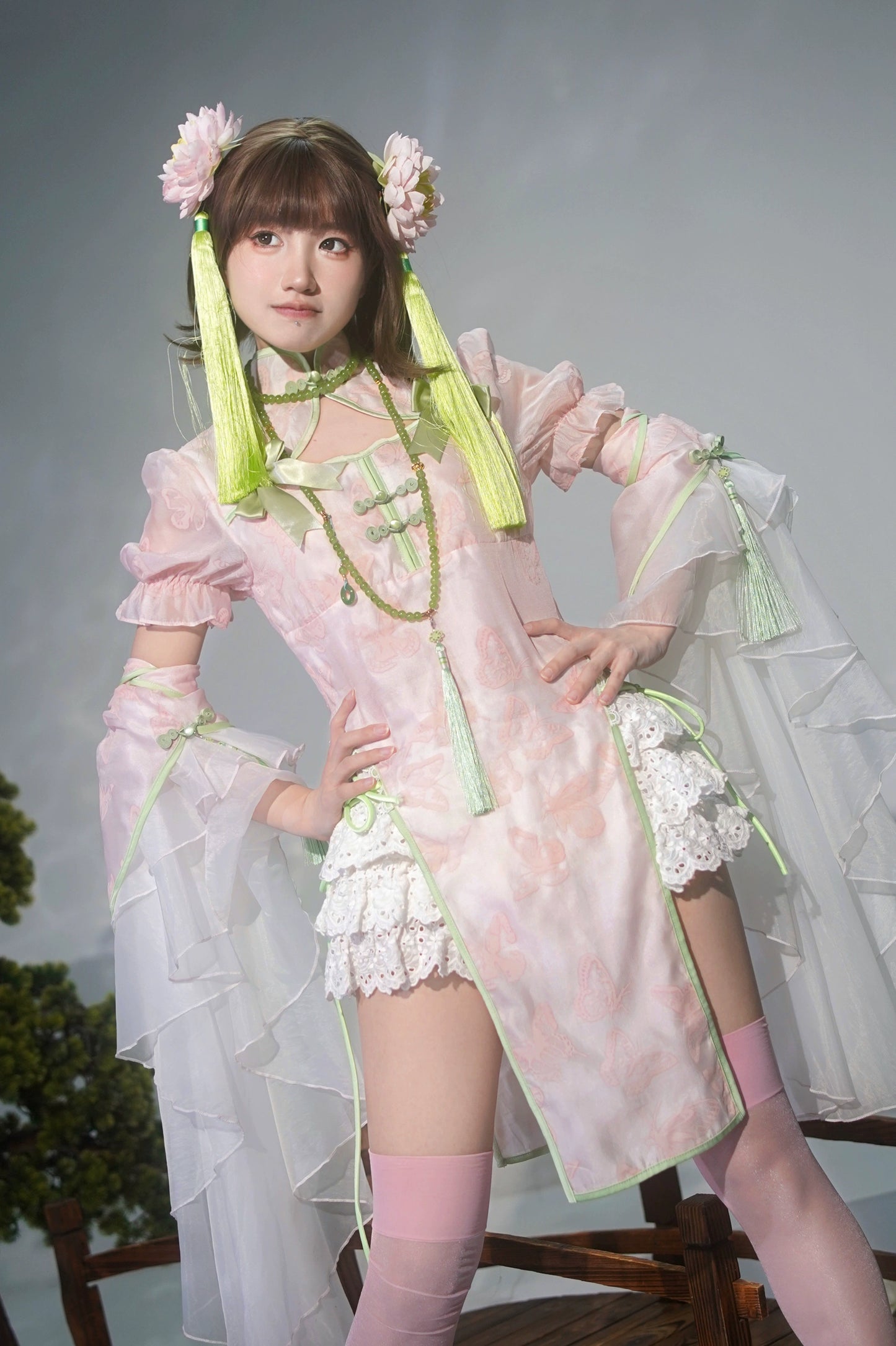 New Chinese Style Lolita Pink Green Qipao