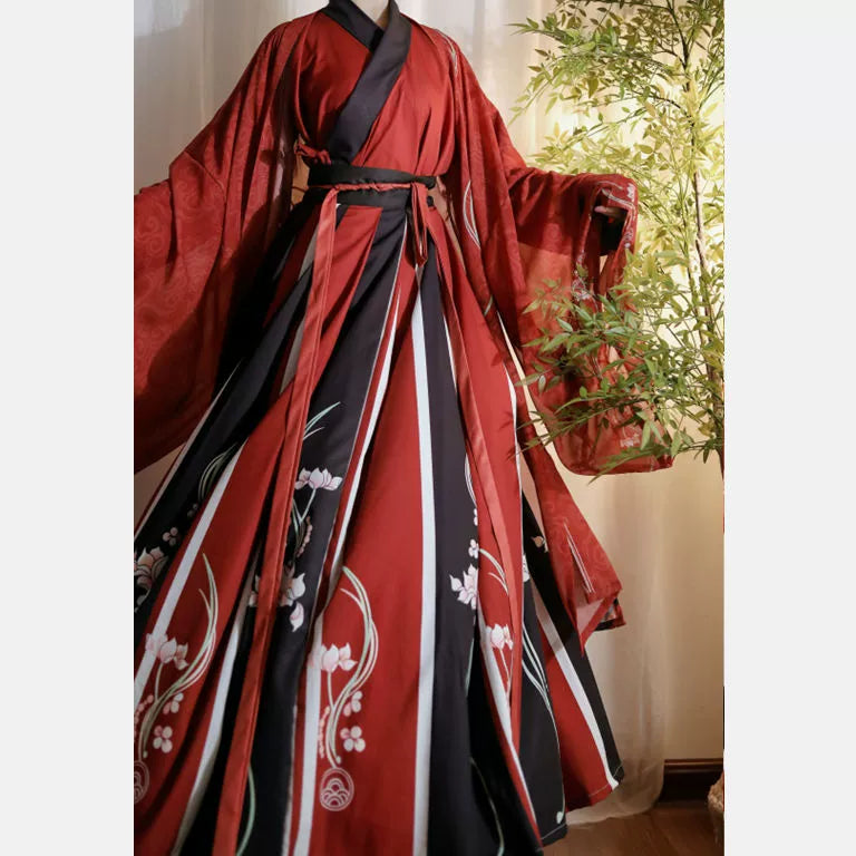 Men'S Hanfu Wei-Jin Style Black Red Long Sleeve Shirt