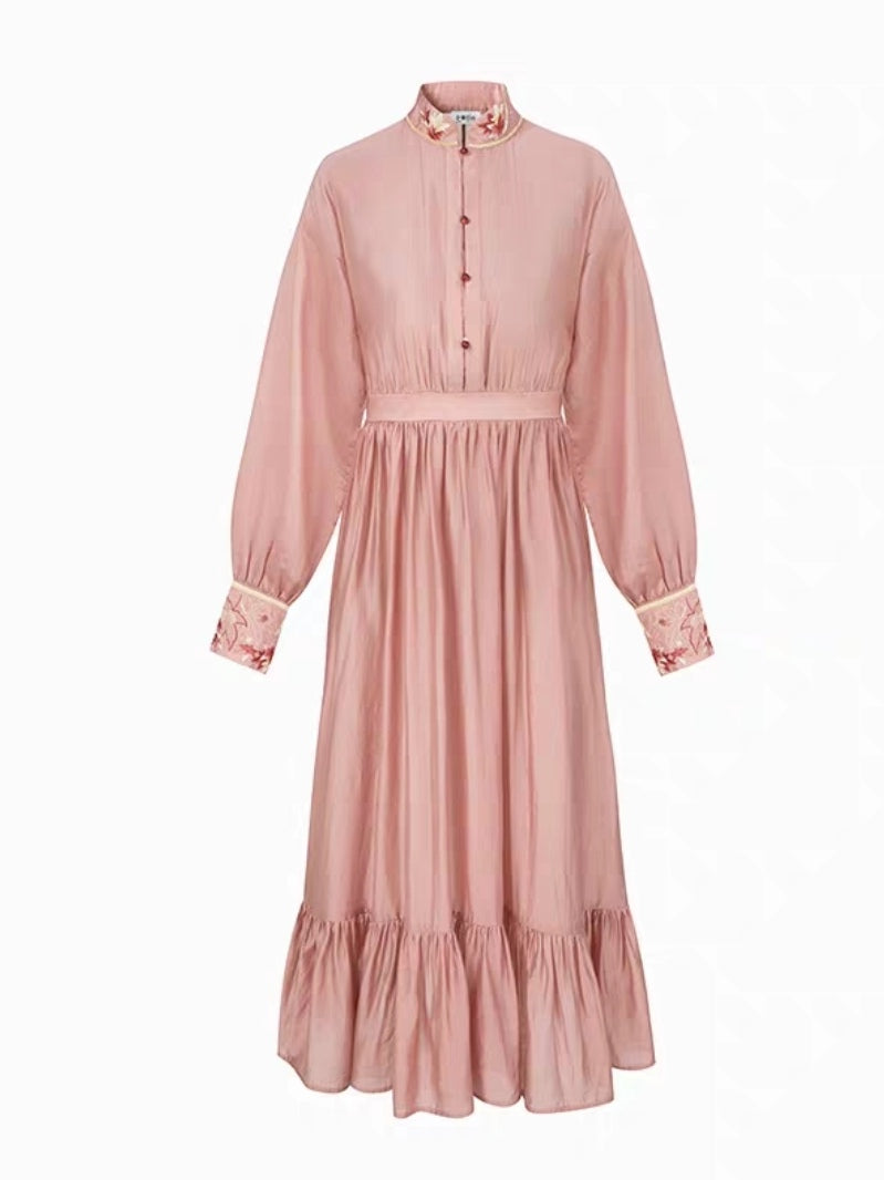 Pink modern Hanfu dress featuring a stylish and elegant design with intricate embroidery and traditional Chinese accents. Perfect for special events or cultural celebrations. Exudes sophistication and femininity in a contemporary take on traditional Hanfu attire.