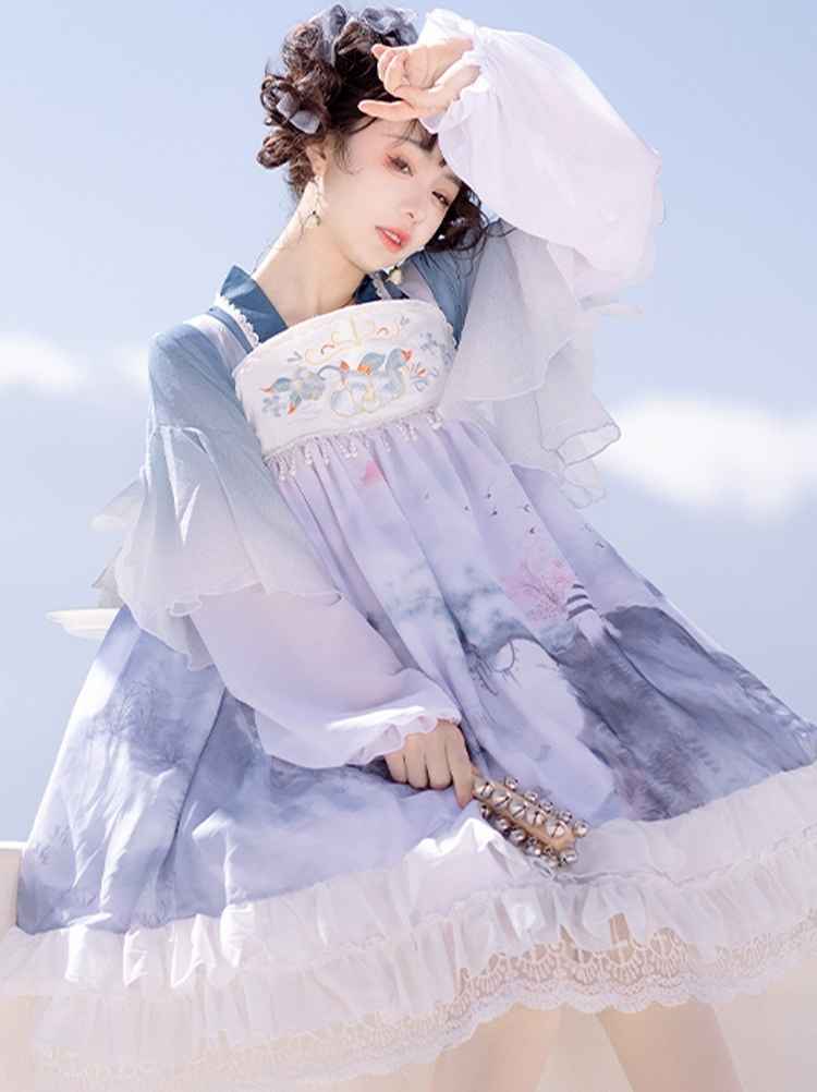 Blue Modern Hanfu meets Lolita fashion in this stunning ensemble. The dress features a blue floral print on a flowy, A-line silhouette with a cinched waist and puffy sleeves. The dress is paired with a matching headband and lace-up boots, creating a unique and playful look that combines traditional Hanfu elements with a modern Lolita twist.