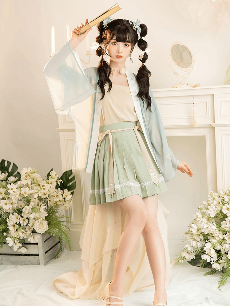 原曲王朝風の漢服アンサンブル: クロスカラーのショート ジャケットとプリーツ スカートの夏バージョン