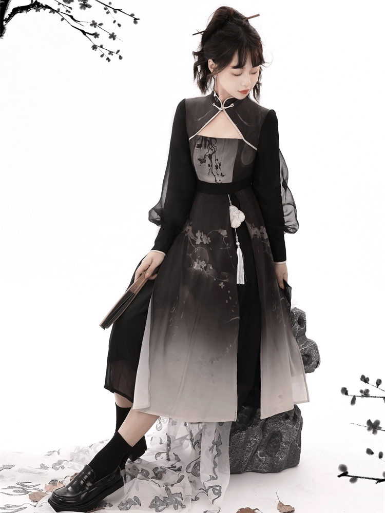 梅の花のインクの香りの漢服の女性の中国風の改善された日常の漢服の要素のツーピースのドレスセット春/秋用