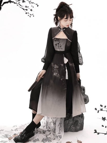 梅の花のインクの香りの漢服の女性の中国風の改善された日常の漢服の要素のツーピースのドレスセット春/秋用